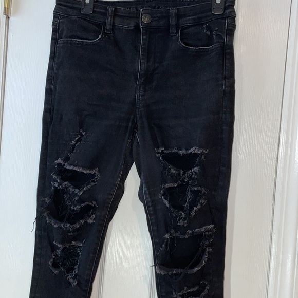 AMERICAN Eagle Next Level Stretch Distressed Ripped Goth Black Jeans 10 Short - Picture 14 of 16